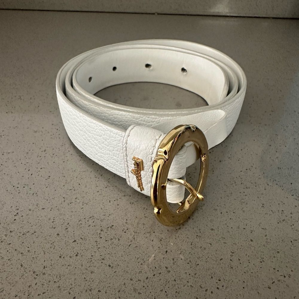 Salvatore Ferragamo Flower Buckle Leather Belt New Bianco White/Gold Buckle - Picture 1 of 8